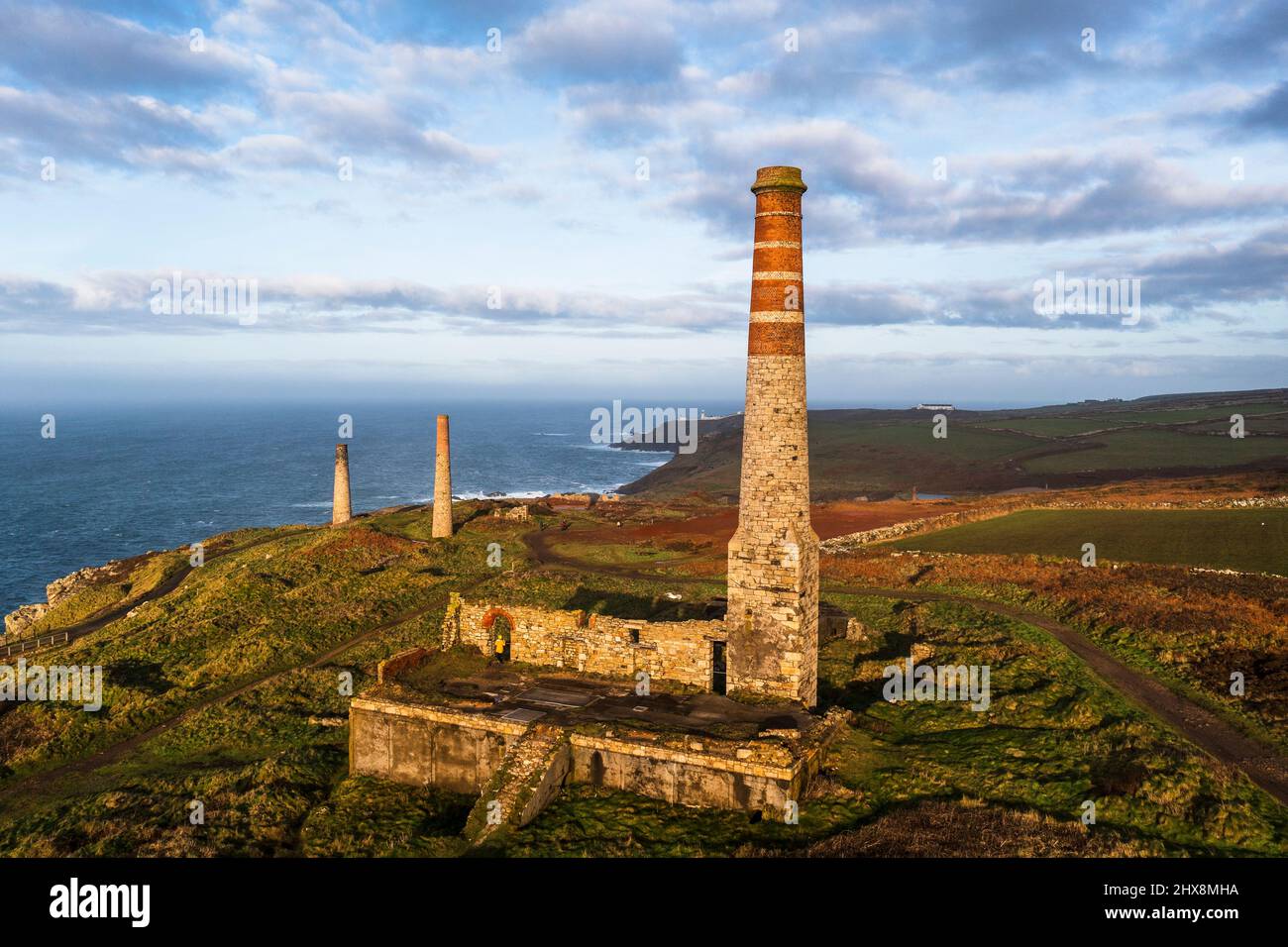 Copper mine bathed in golden light, in Cornwall. Stock Photo