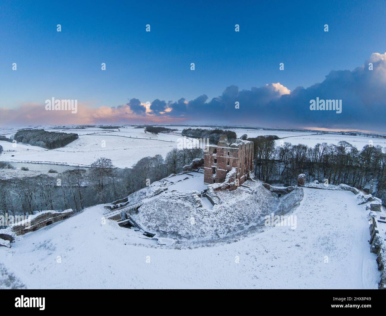 Norham Castle from the air during winter Stock Photo