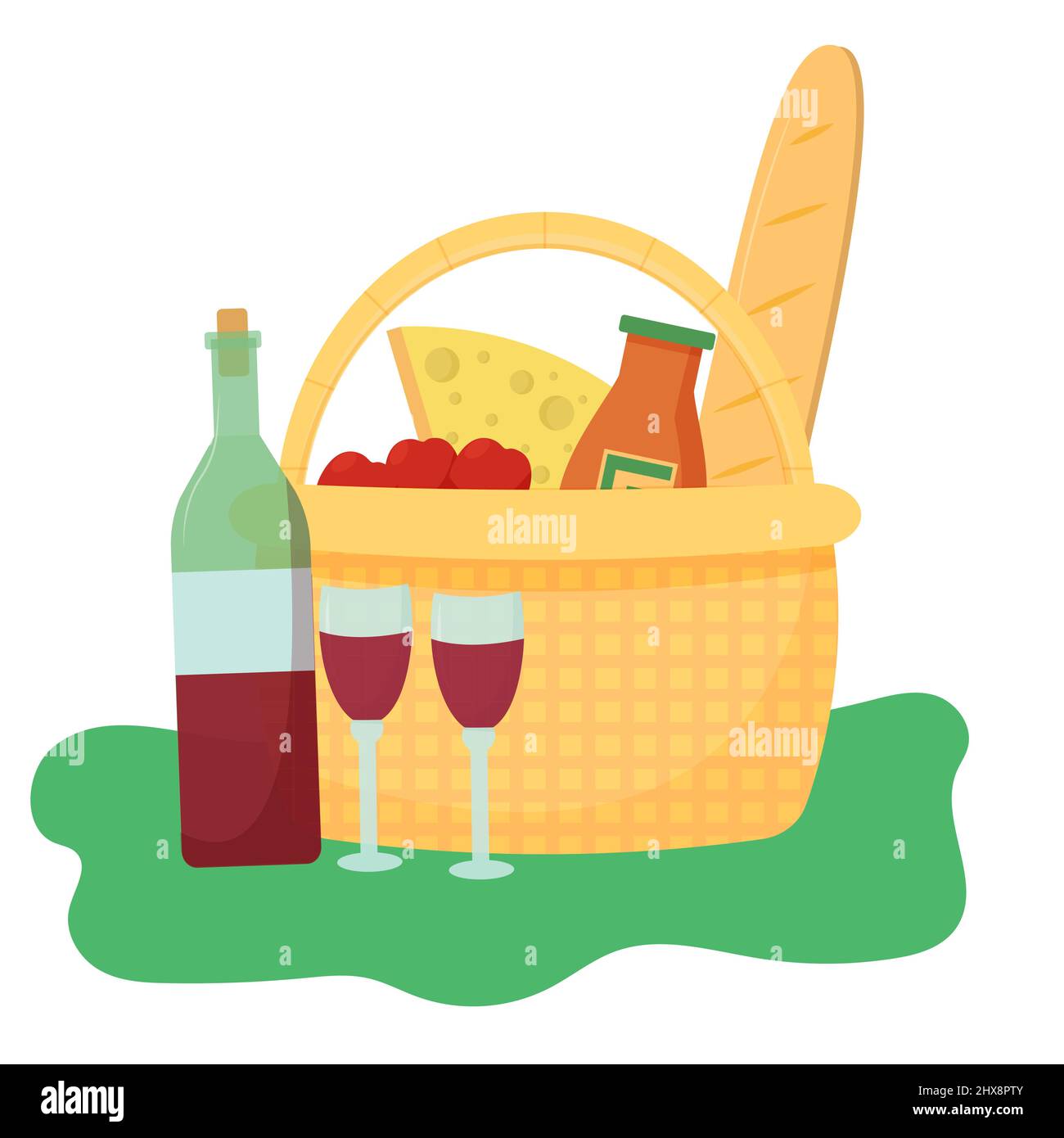 Basket for picnic with cheese, baguette, apples, bottle with wine