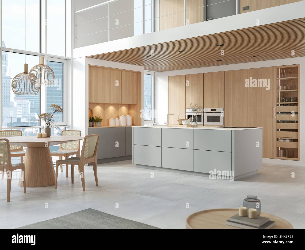 3D Illustration. Modern kitchen in loft apartment. Stock Photo