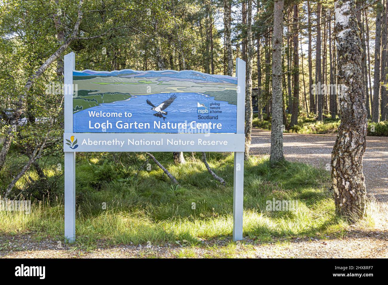Welcome sign to the RSPB Loch Garten Nature Centre in the Abernethy National Nature Reserve,  Highland, Scotland UK. Stock Photo