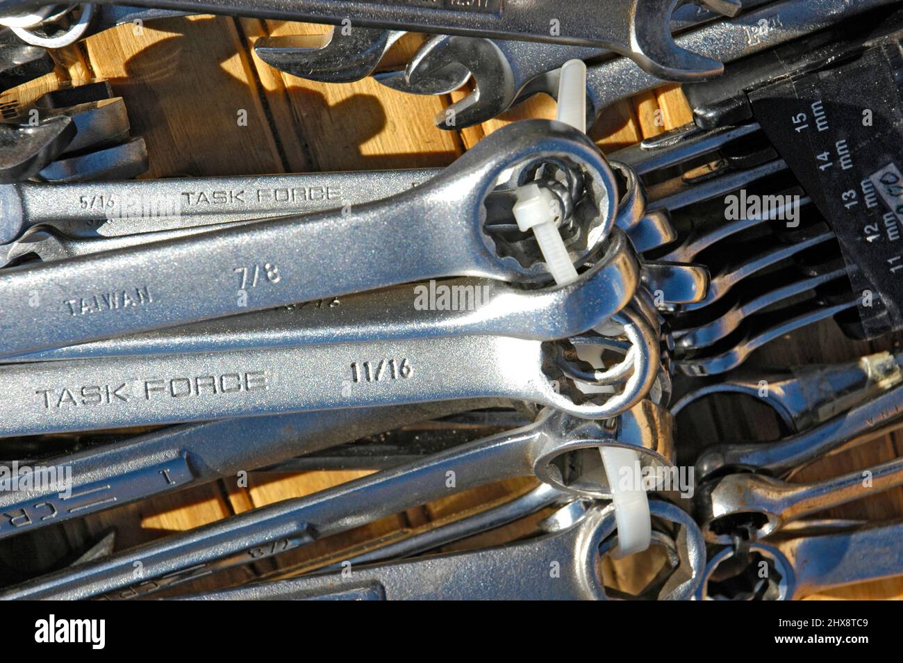 Hand tools for sale at flea tag market, some new and some used old and cheap great buys for the home do it yourselfer Stock Photo