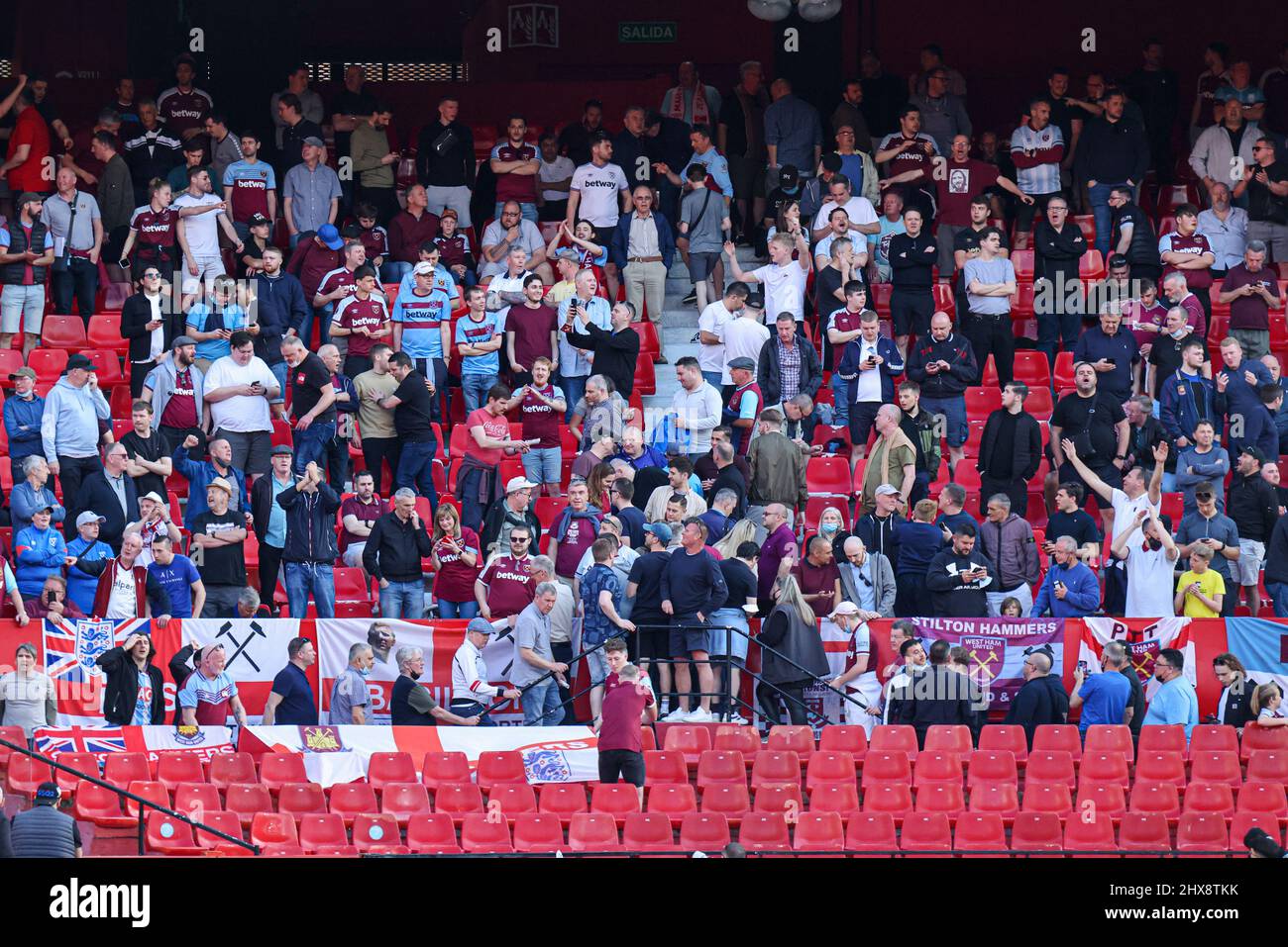 SEVILLE, SPAIN - MARCH 10: fans of West Ham United during the UEFA Europa League match between Sevilla and West Ham United at Ramon Sanchez Pizjuan on March 10, 2022 in Seville, Spain (Photo by Dax Images/Orange Pictures) Stock Photo