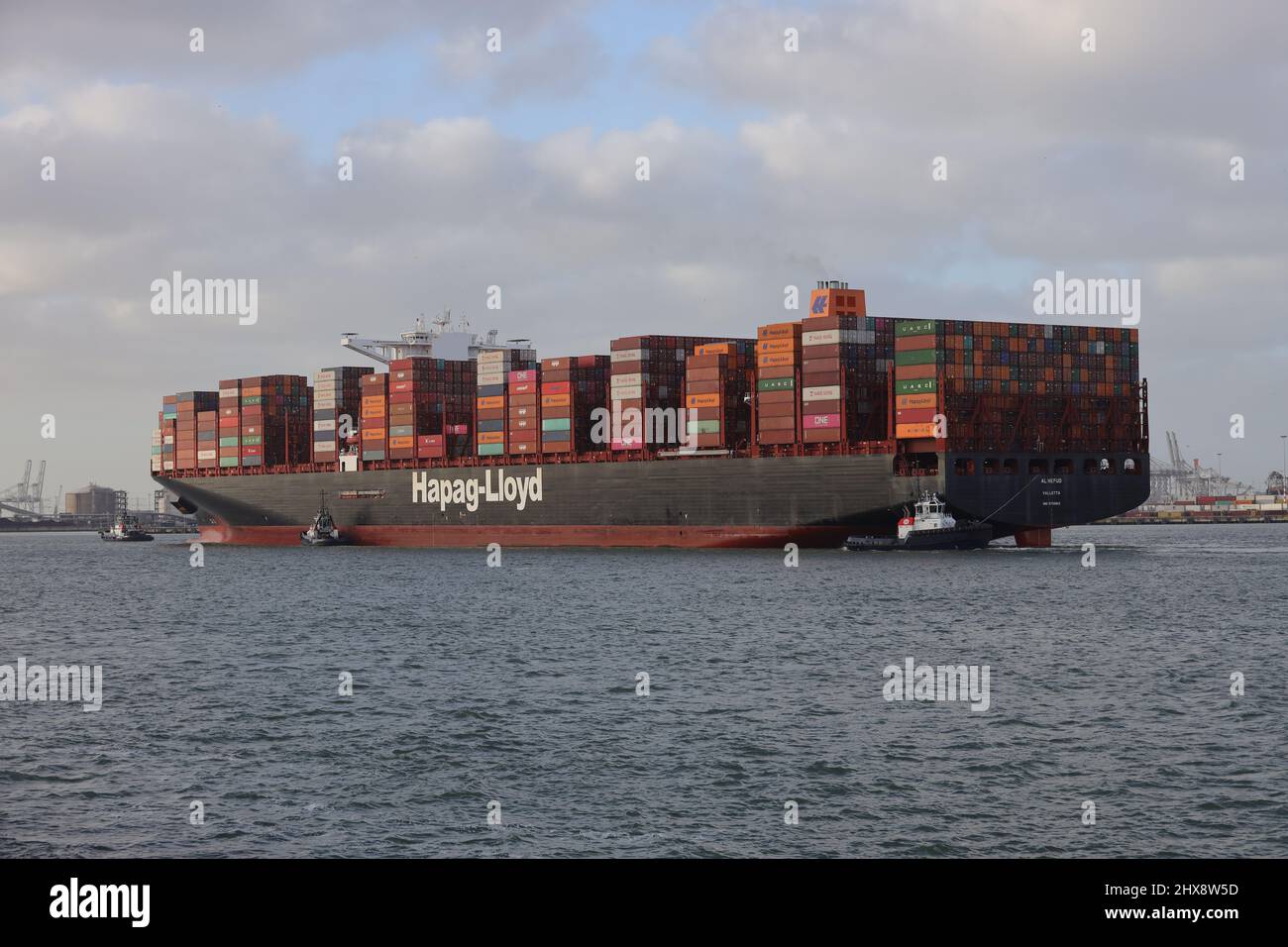 The container ship Al Nefud arrives in the port of Rotterdam on January 30, 2022. Stock Photo