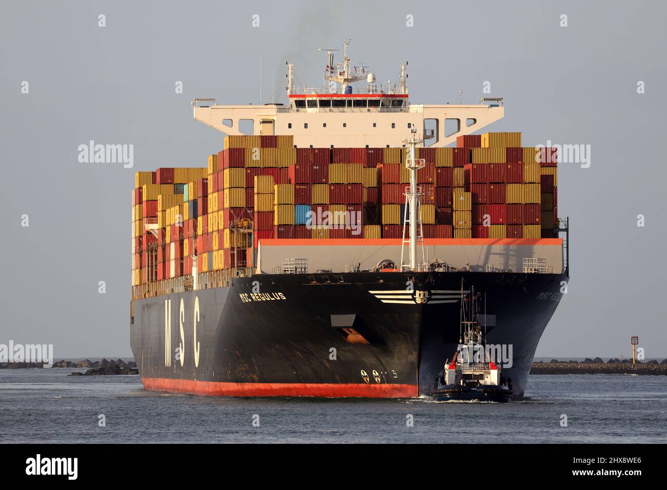 The container ship MSC Regulus arrives in the port of Rotterdam on January 30, 2022. Stock Photo