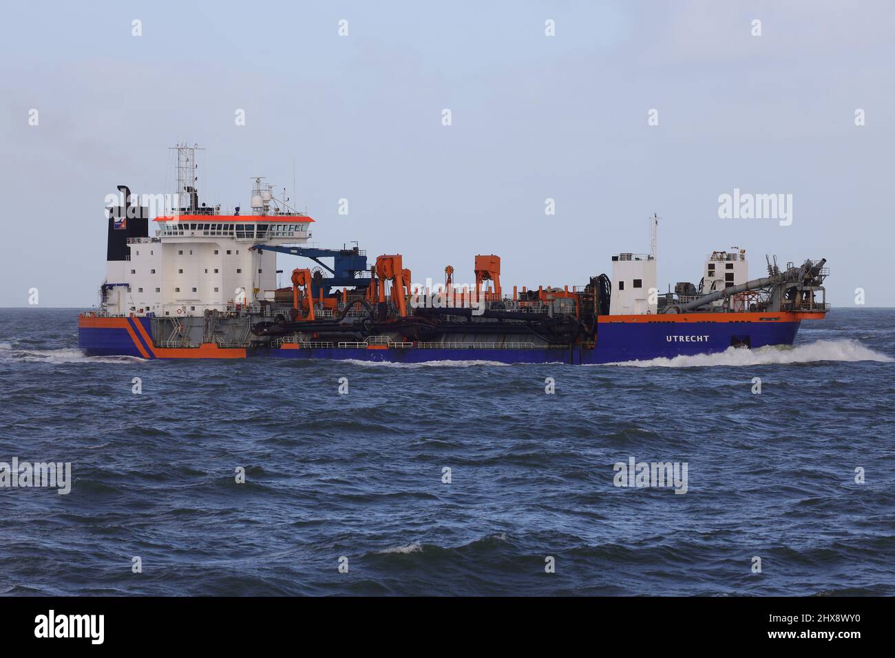 The dredger Utrecht arrives in the port of Rotterdam on January 30, 2022. Stock Photo