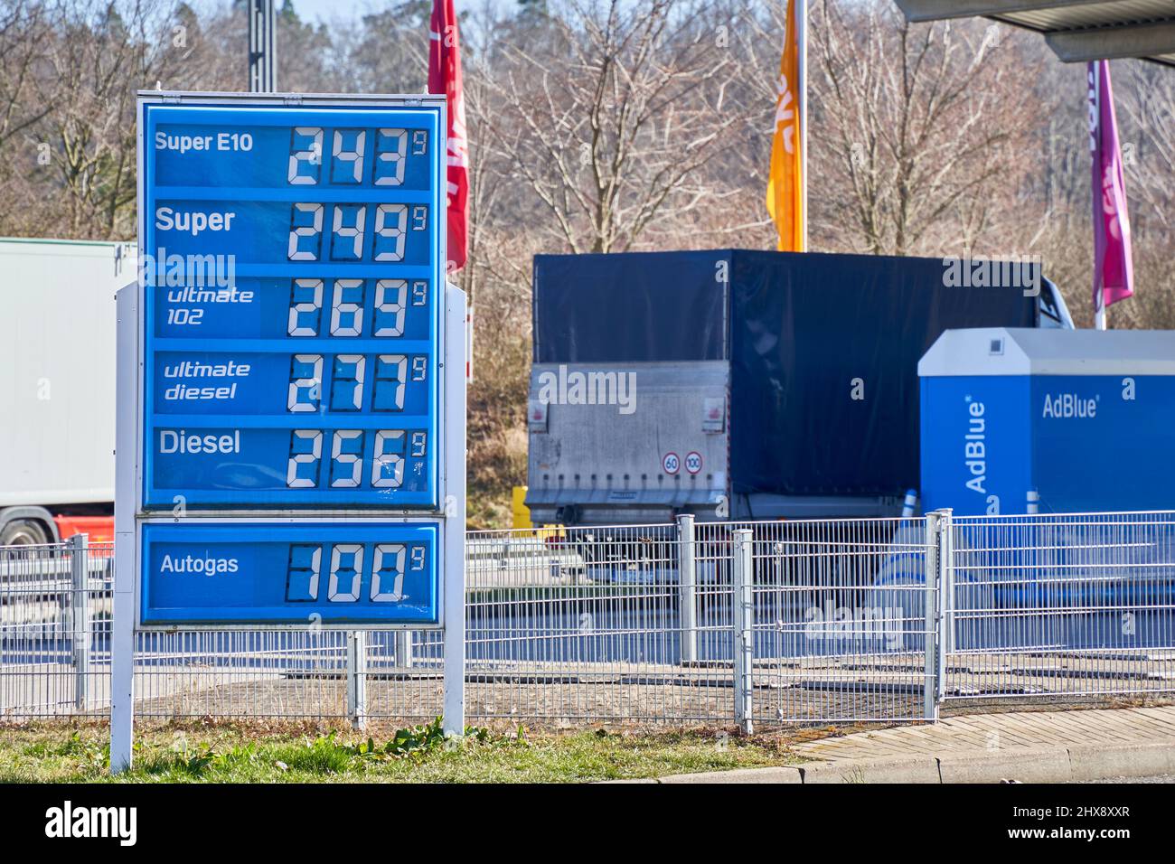 Sindelfingen, Germany - March 10, 2022: Close up of price board with high gasoline, diesel and fuel prices. Most expensive gas and oil prices at Germa Stock Photo