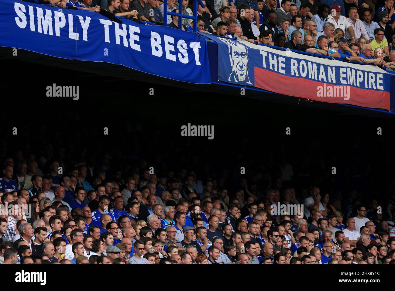 File photo dated 13-09-2014 of General view of a Chelsea banner in the stands that reads 'The Roman Empire'. Roman Abramovich has been sanctioned by the UK Government, freezing the Russian-Israeli billionaire's planned sale of Chelsea. Issue date: Thursday March 10, 2022. Stock Photo
