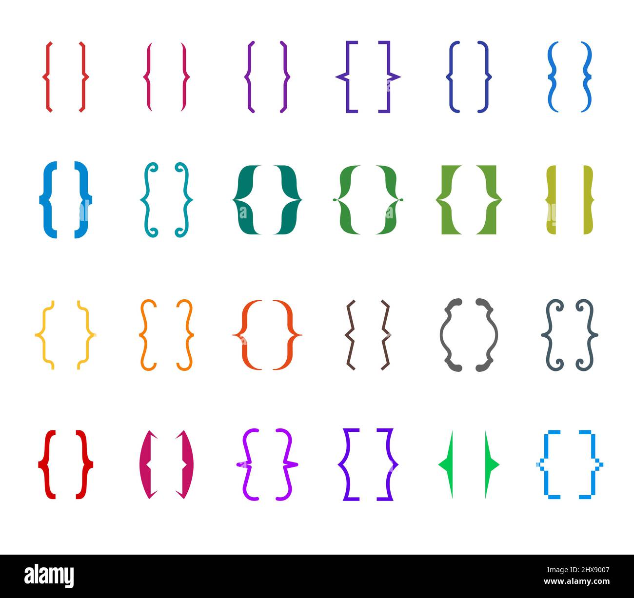 Different curly braces colored icon set. Modern and vintage brackets