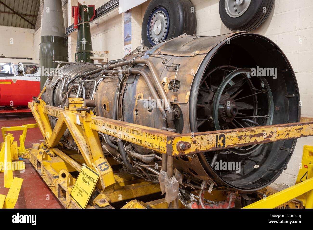 York.Yorkshire.United Kingdom.February 16th 2022.A Rolls Royce Olympus 593 jet engine from a concorde is on display at the Yorkshire air museum Stock Photo