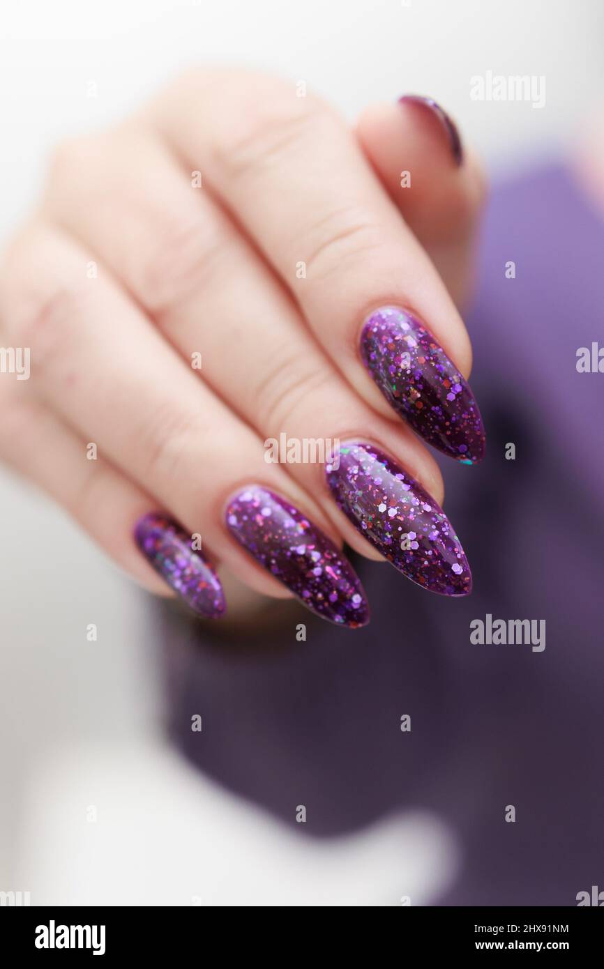 Female Hand With Long Nails And Purple Plum Manicure Holds A Bottle Of Nail Polish Stock Photo Alamy