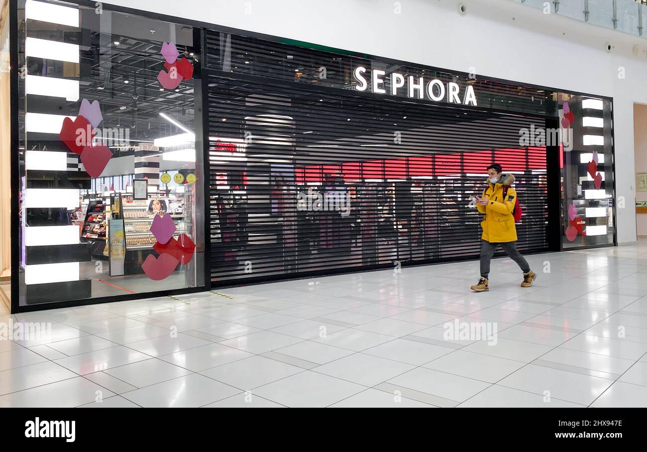 Moscow, Russia, March 2022 Sephora store suspends work in Russia. Brand shops in the shopping