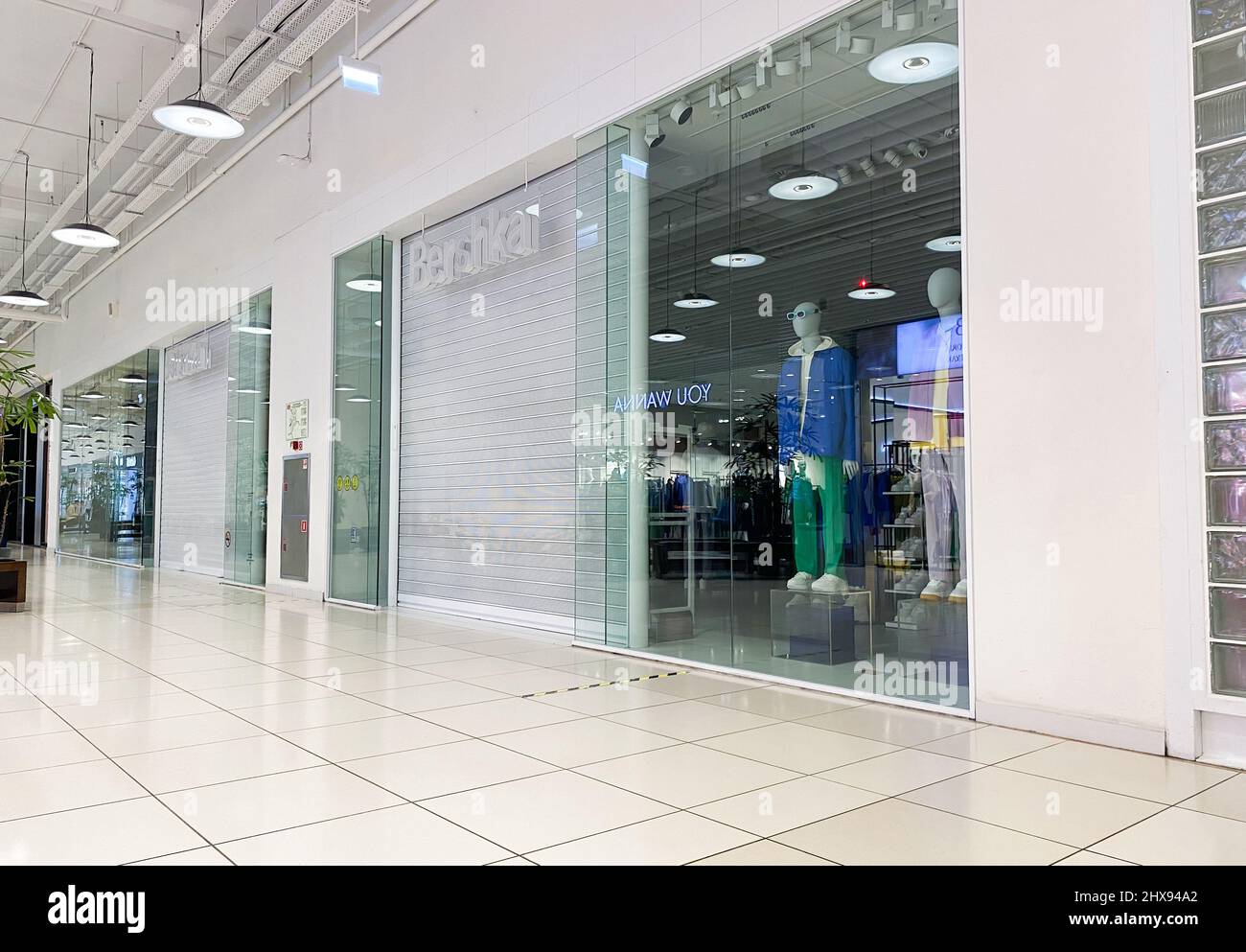 Moscow, Russia, March 2022: Bershka store suspends work in Russia. Brand shops in the shopping mall are closed. Stock Photo