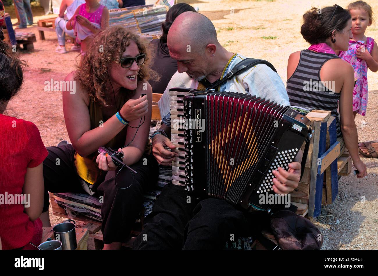 Accordion player Sergio Cobos in Andanças Festival 2018. Castelo de Vide, Portugal Stock Photo