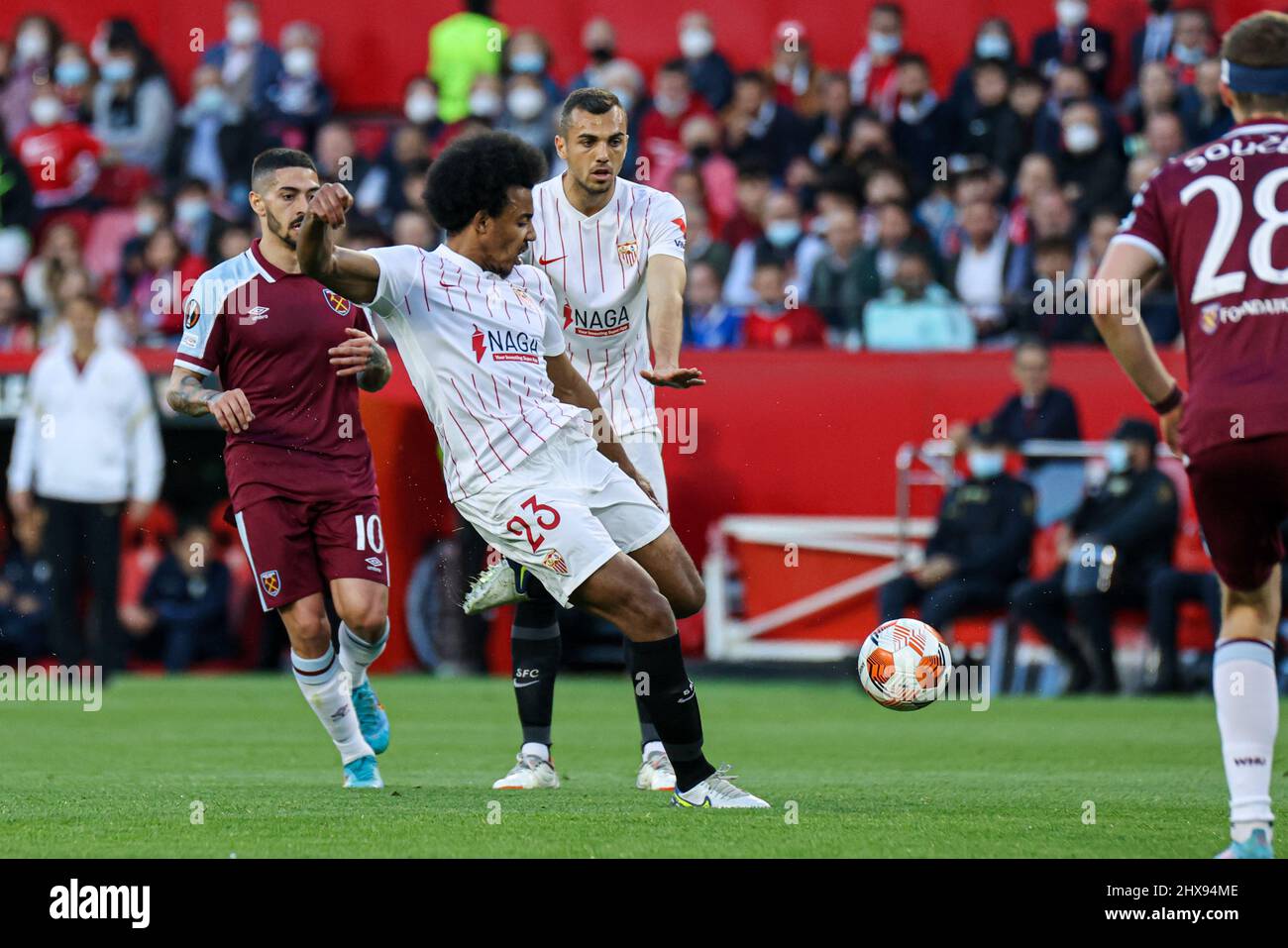 SEVILLE, SPAIN - MARCH 10: Jules Kounde of Sevilla FC during the UEFA Europa League match between Sevilla and West Ham United at Ramon Sanchez Pizjuan on March 10, 2022 in Seville, Spain (Photo by Dax Images/Orange Pictures) Stock Photo