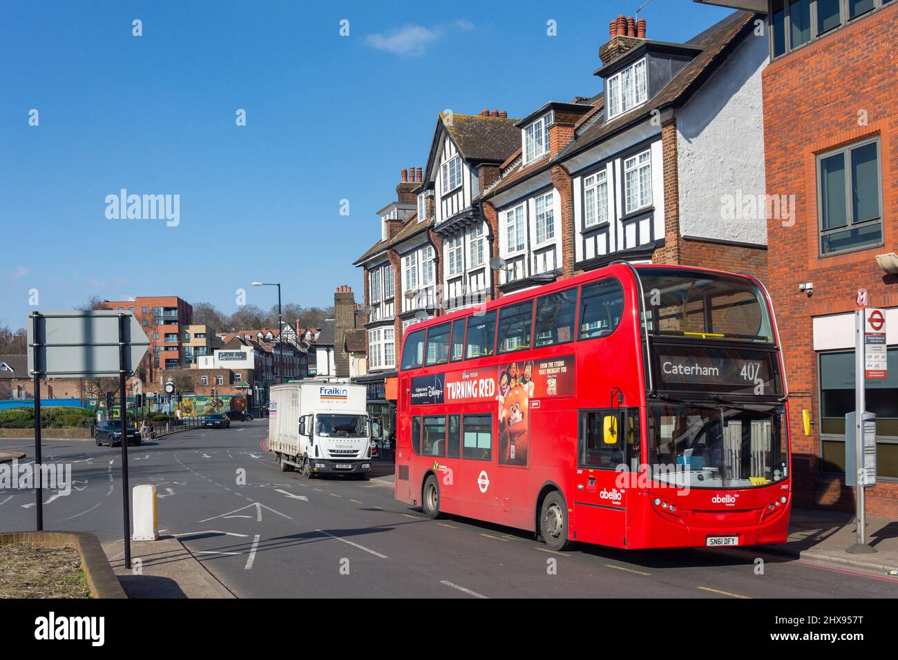 Double-decker bus at bus stop, Purley Road, Purley, London Borough of Croydon, Greater London, England, United Kingdom Stock Photo