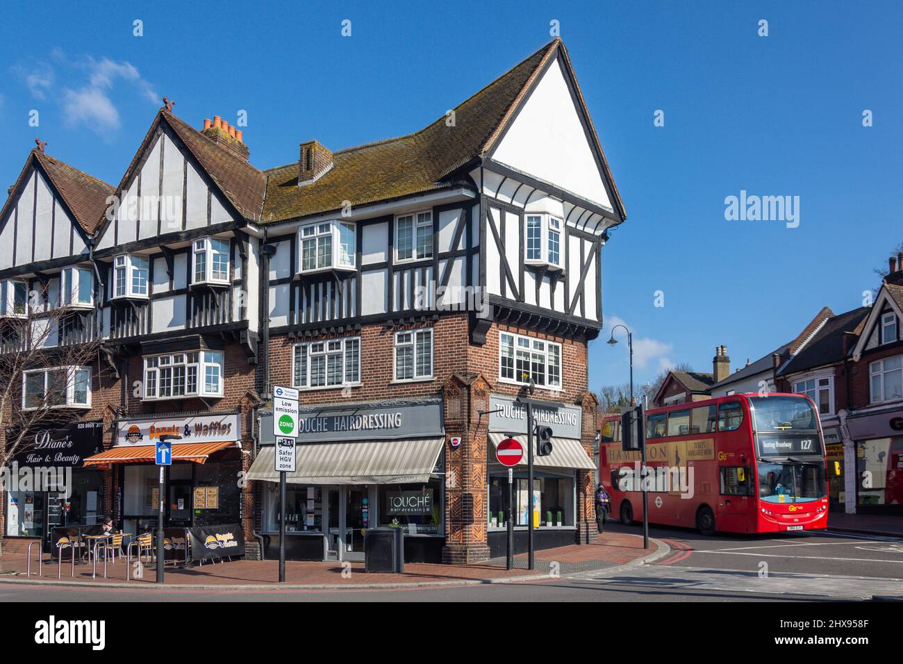 Corner of Whyteleafe South Road and High Street, Purley, London Borough of Croydon, Greater London, England, United Kingdom Stock Photo