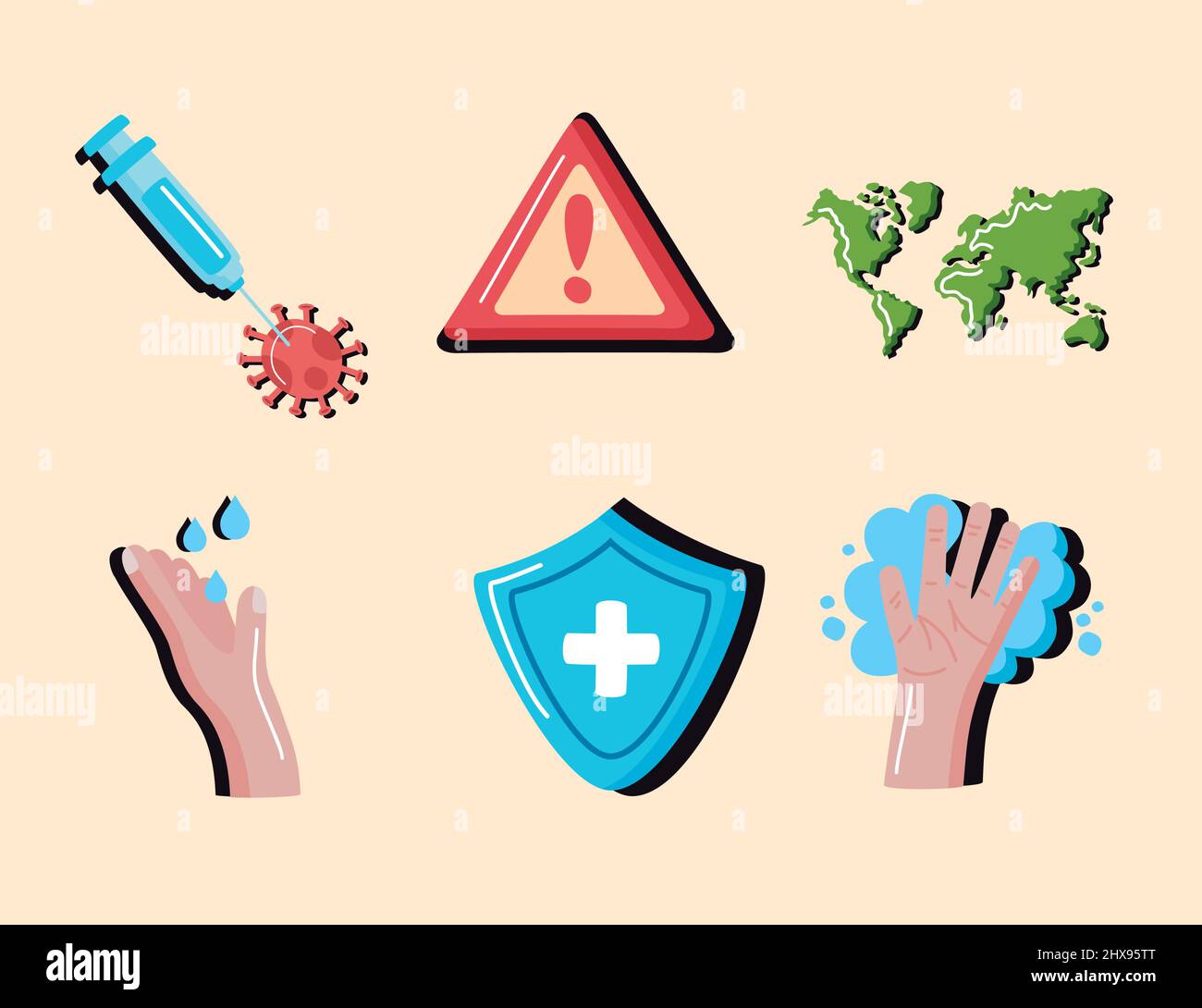 six pandemic conjuncture set icons Stock Vector