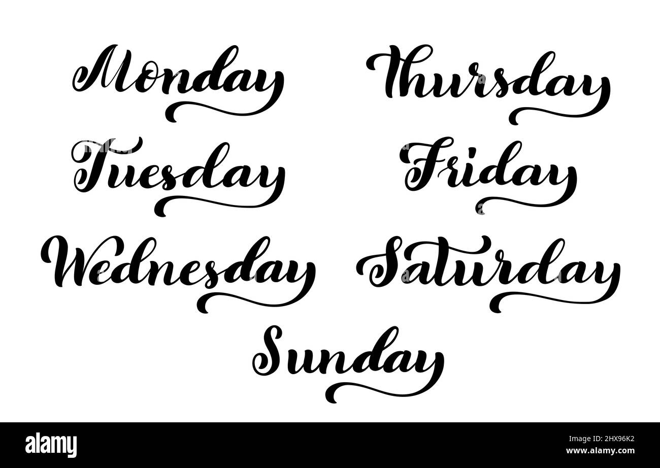 Handwritten Days Of The Week: Monday, Tuesday, Wednesday, Thursday, Friday,  Saturday, Sunday Isolated On White Background. Black Ink Calligraphy Words  Framed. Vector Illustration With Hand Lettering. Royalty Free SVG,  Cliparts, Vectors, and