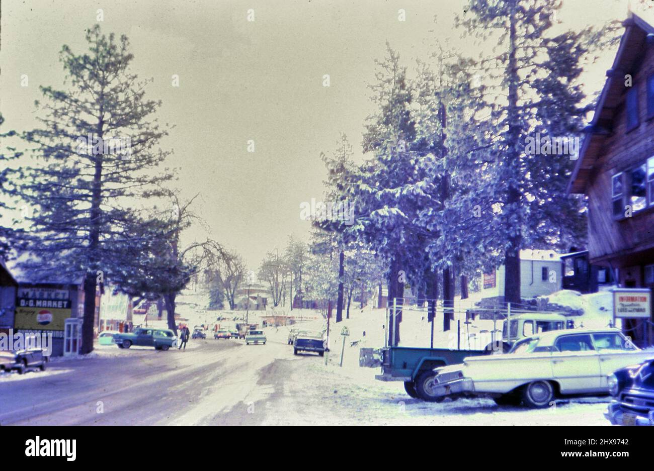 Streets scene in Running Springs California in winter (note the Highway