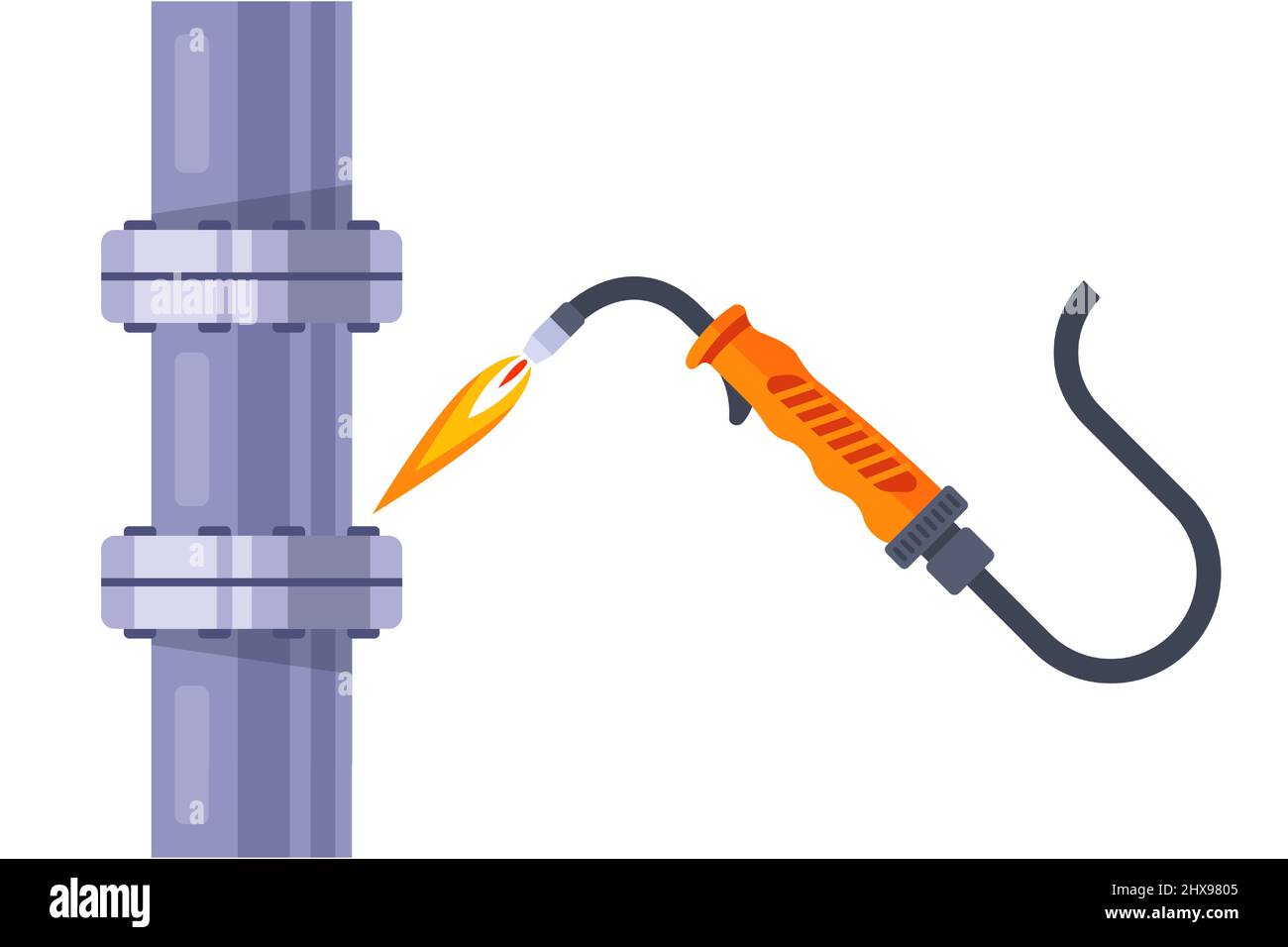 welding machine repairs an iron pipe. flat vector illustration. Stock Vector