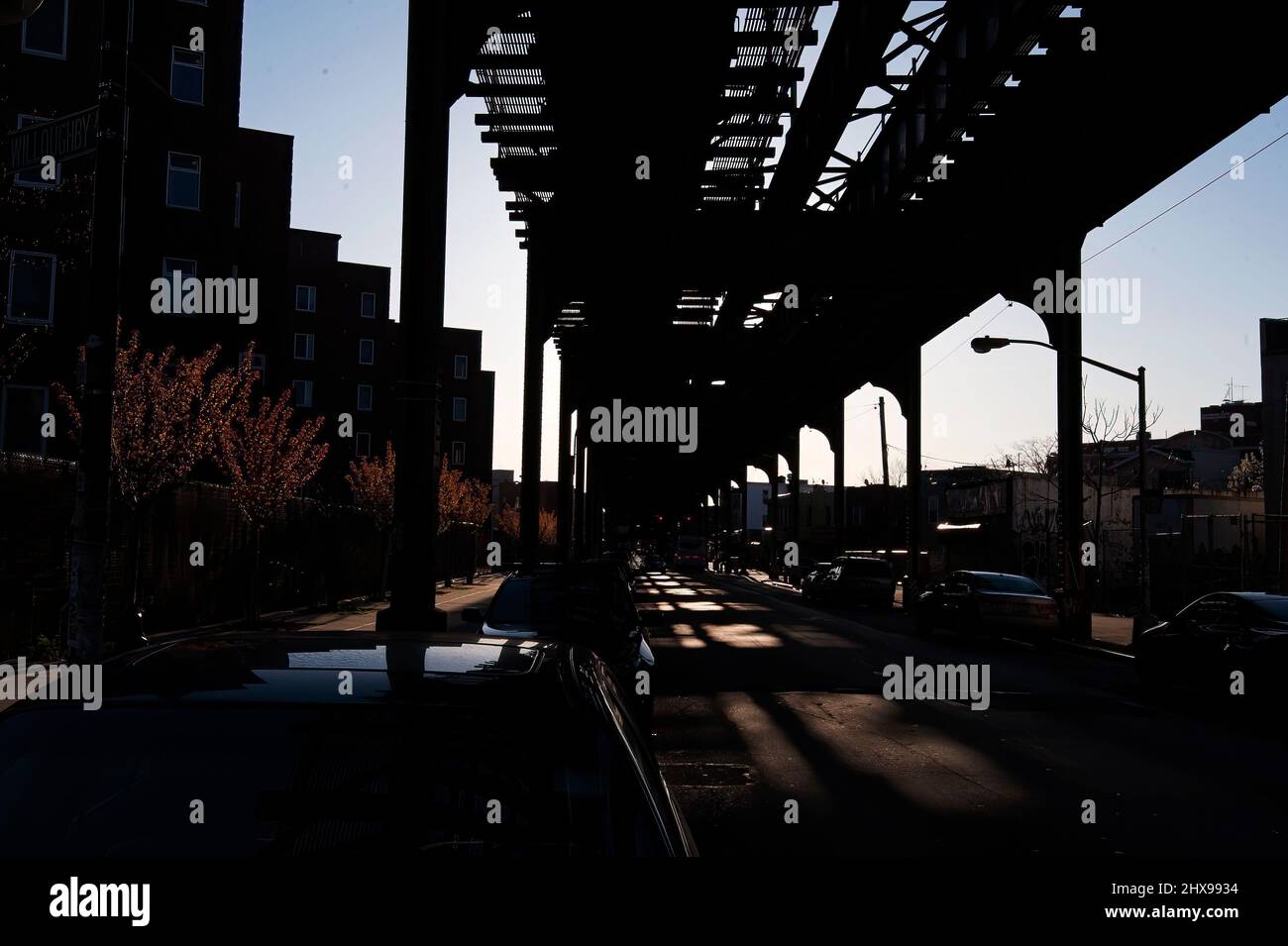 Elevated transit train track in Brooklyn New York Stock Photo