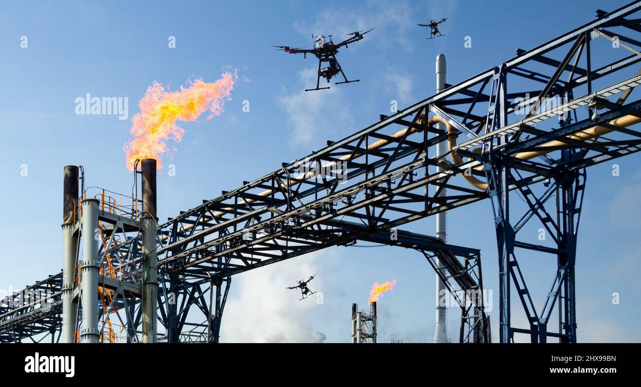 Drone attack concept. Pipeline with gas flare stacks. Concept: energy crisis, Russia Ukraine conflict, sanctions, EU, Europe, Nord Stream 2 Stock Photo
