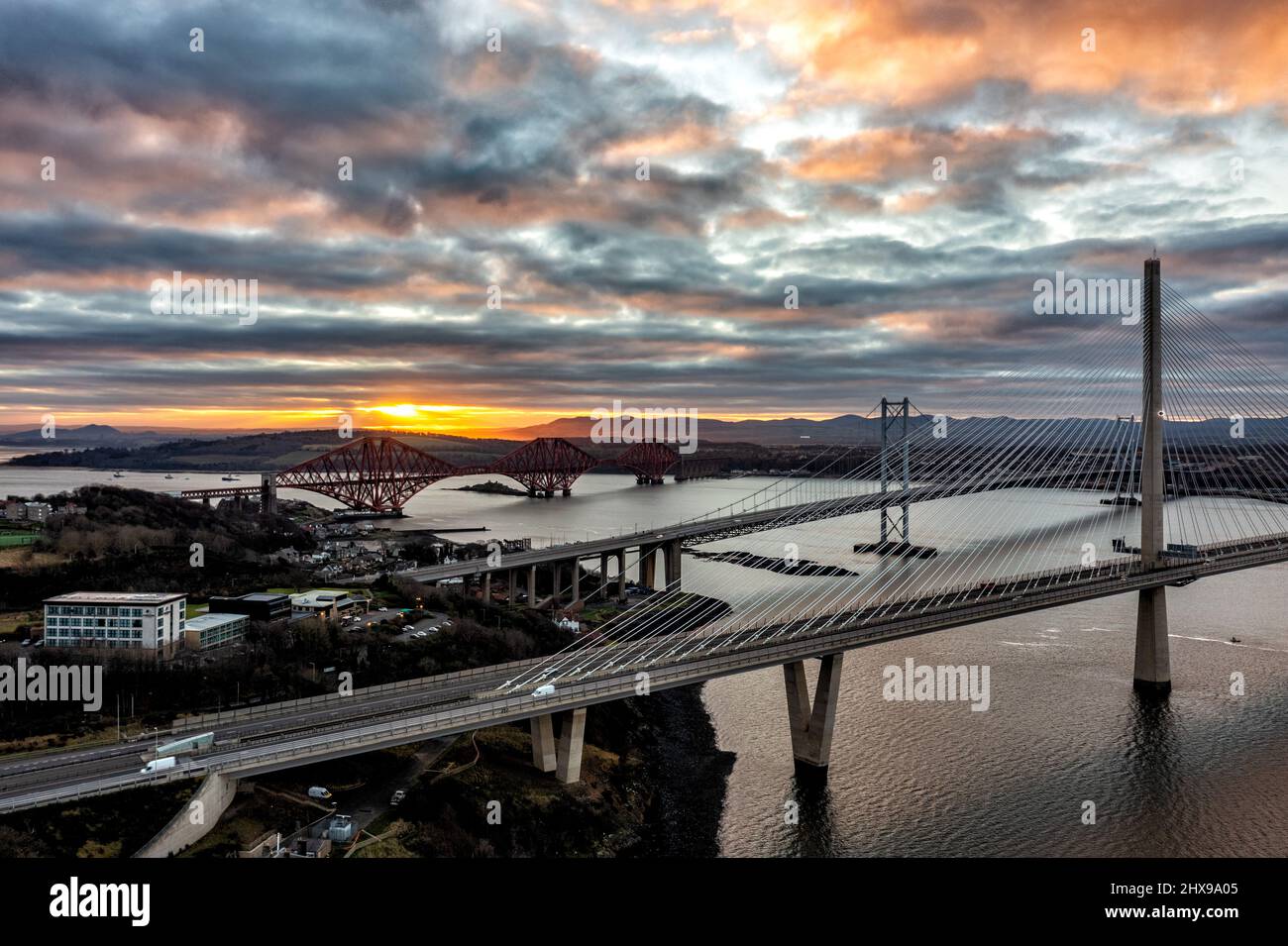 The Forth Bridges from North Queensferry, Fife, Scotland, UK Stock Photo