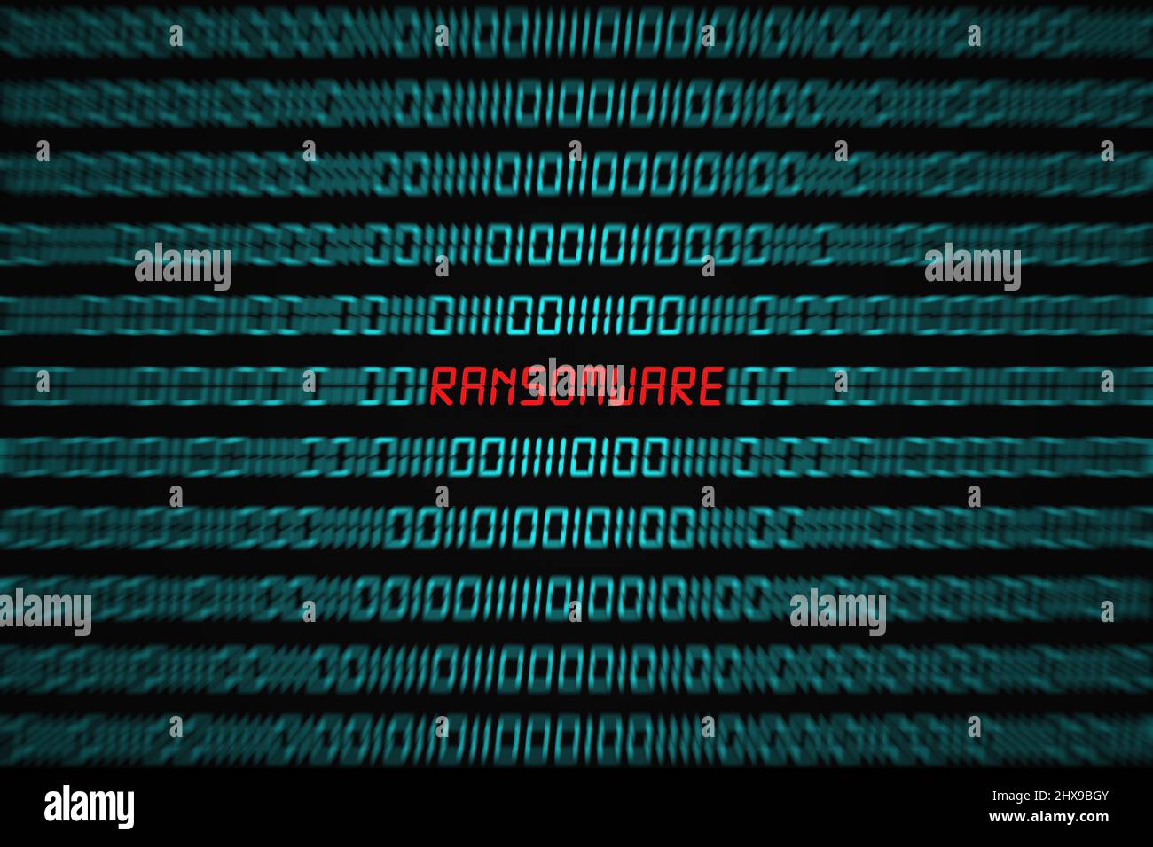 Red word "Ransomware" hidden in the middle of a binary code sequence. Stock Photo