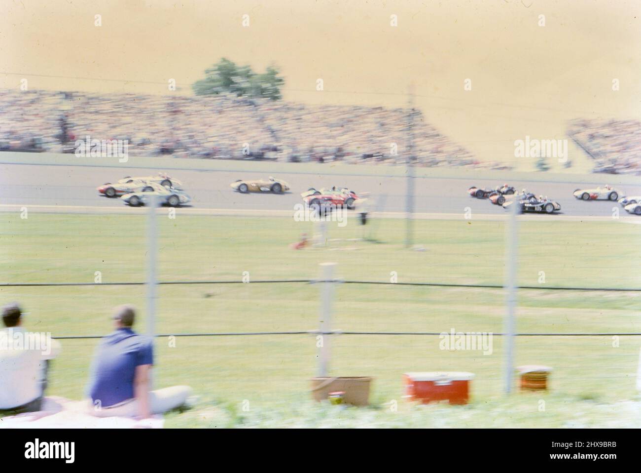 1960s Auto Racing: A USAC championship car type race. An unidentified race track. ca. 1963 Stock Photo