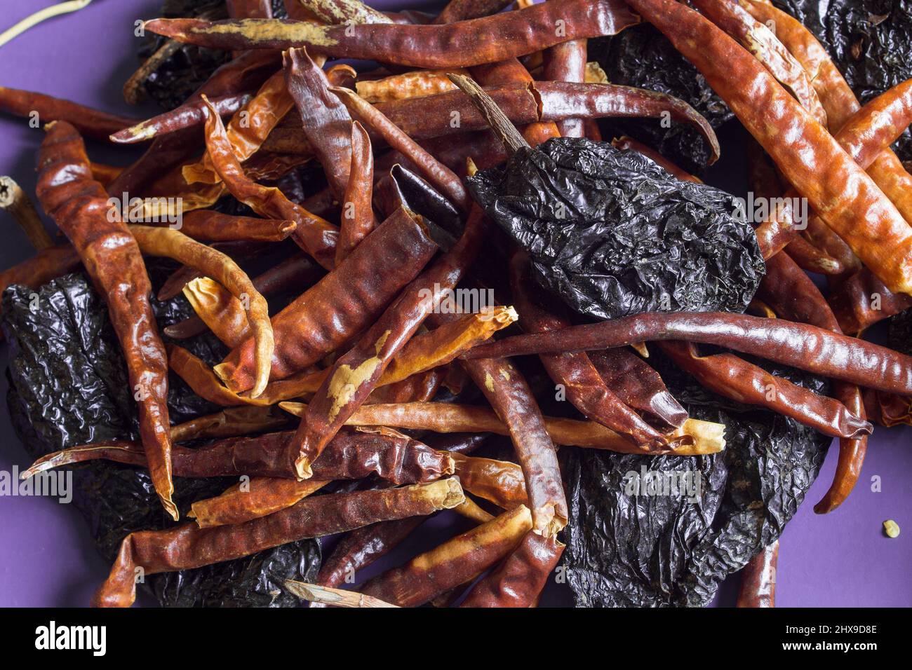 Different kinds of sun-dried hot peppers stacked haphazardly on a purple-colored background. Food and vegetables. Stock Photo