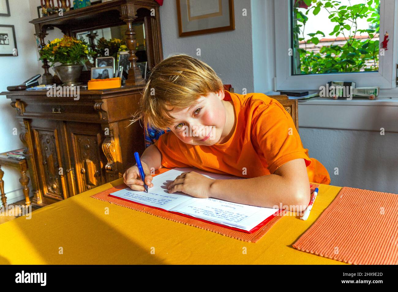 boy prepares his homework for school at the table in the living room Stock Photo