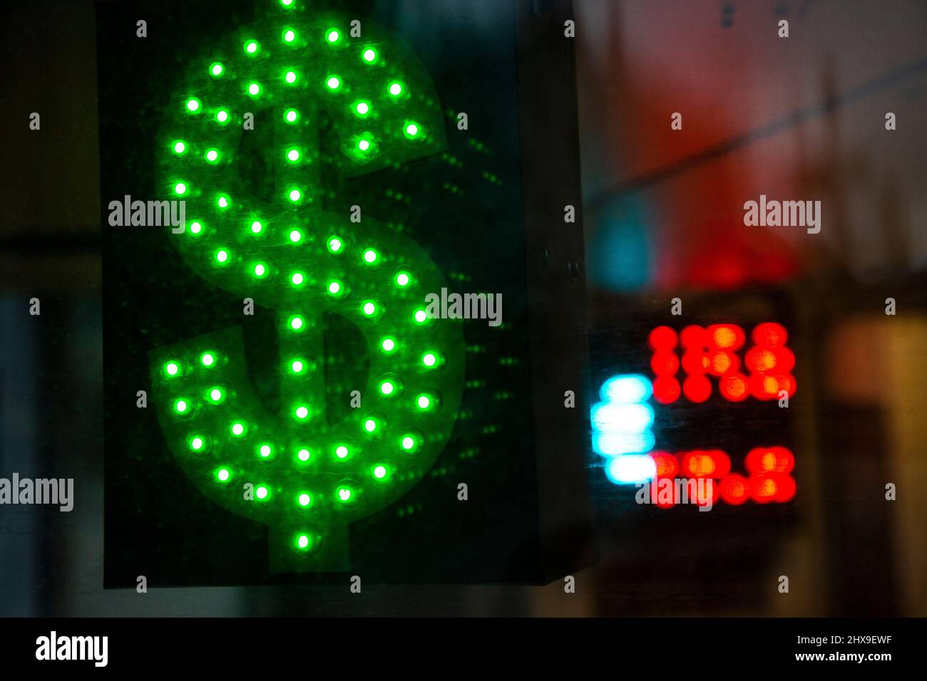 American dollar sign on an electronic board at a currency exchange office Stock Photo