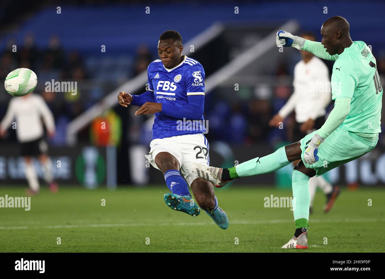 Leicester, UK. 10th March 2022.   Patson Daka of Leicester City attempts to close down Alfred Gomis of Rennes during the UEFA Europa Conference League match at the King Power Stadium, Leicester. Picture credit should read: Darren Staples / Sportimage Credit: Sportimage/Alamy Live News Stock Photo