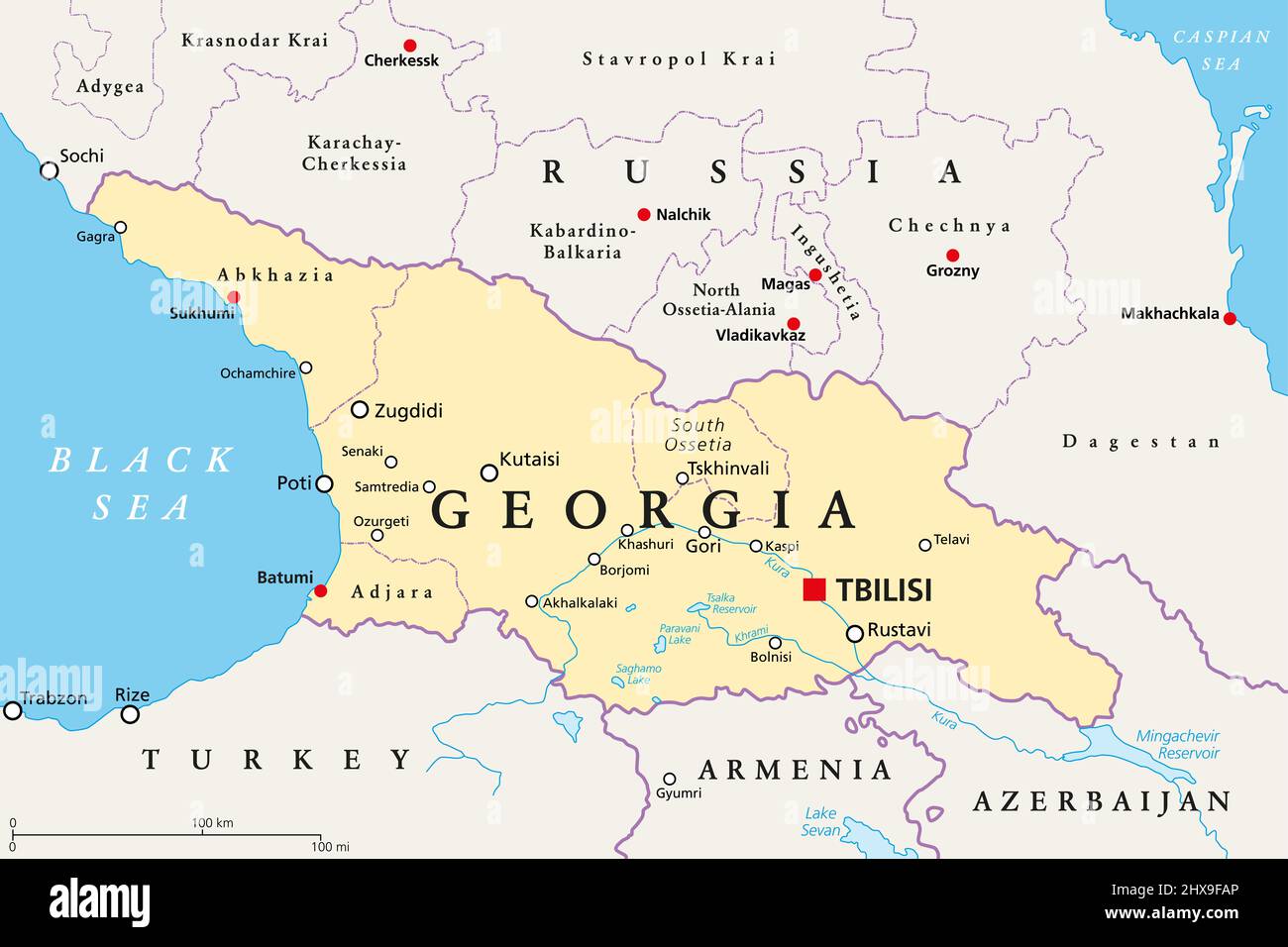 Georgia, political map, with capital Tbilisi, and international borders. Republic and transcontinental country in Eurasia. Stock Photo