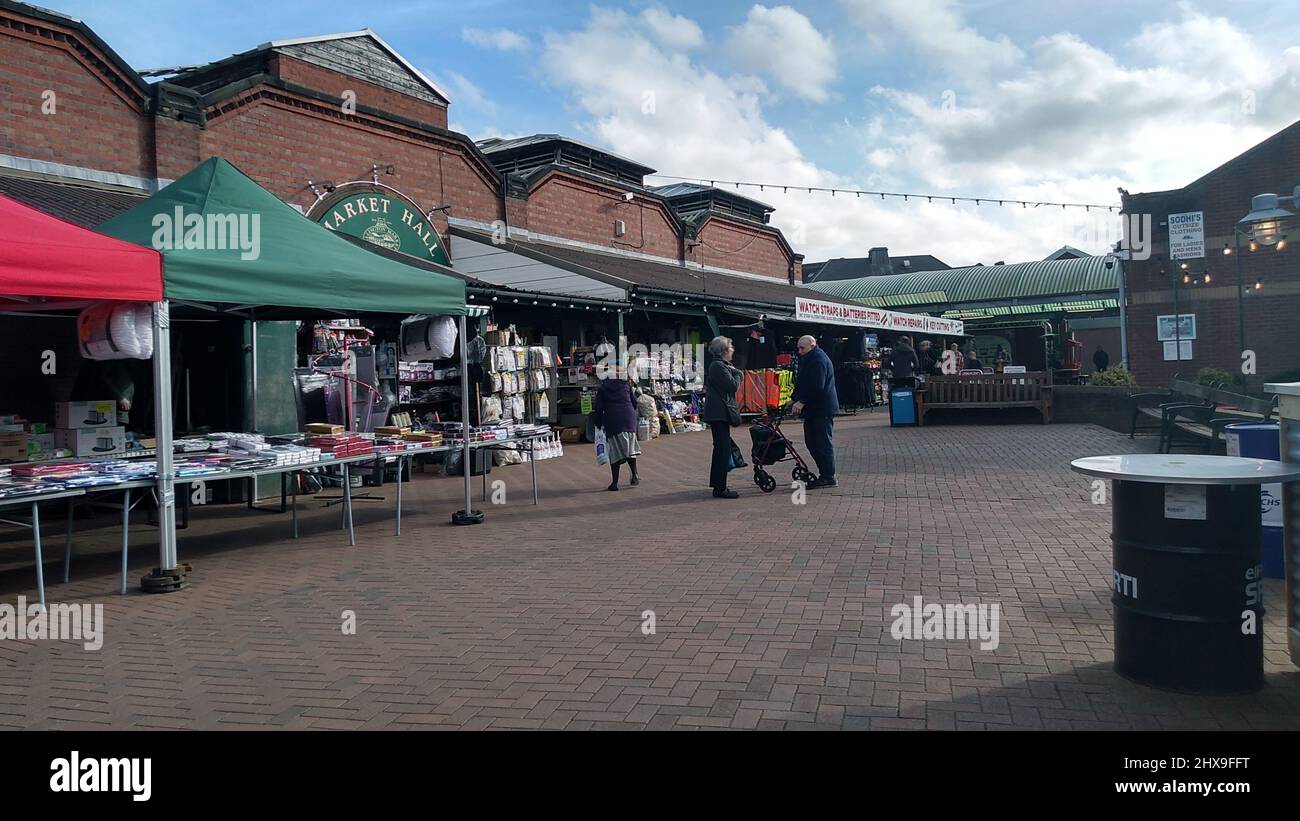 WELLINGTON. SHROPSHIRE. ENGLAND. 02-26-22. The traditional open market and the entrance to the market hall in the town centre. Stock Photo