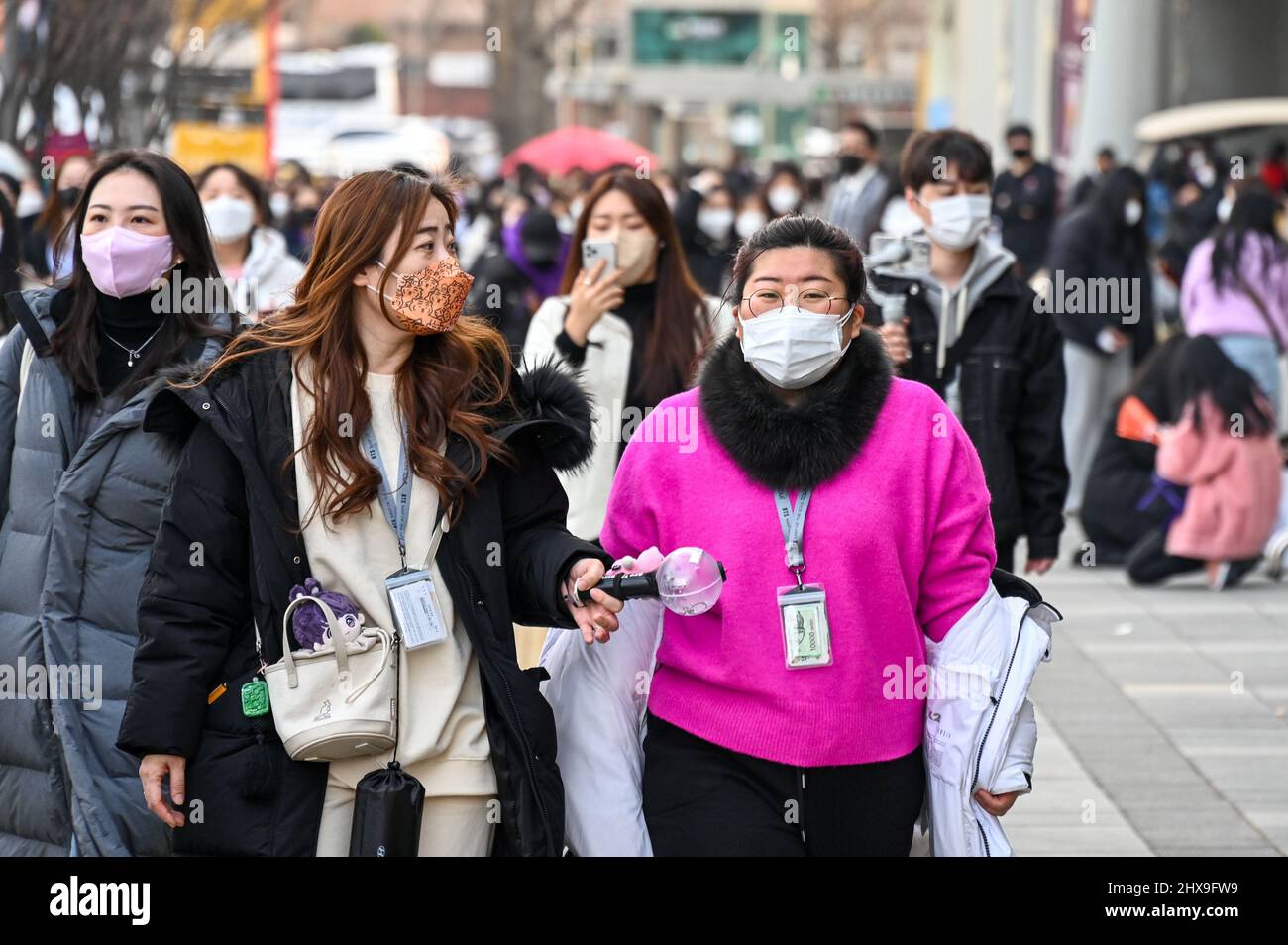 Seoul, South Korea. 10th Mar, 2022. Fans arrive for the BTS concert at Seoul National Stadium in Seoul, South Korea on Thursday, March 10, 2022. The show was the first time BTS, an all-male Korean pop band, has performed in front of a local audience since 2019. Photo by Thomas Maresca/UPI Credit: UPI/Alamy Live News Stock Photo