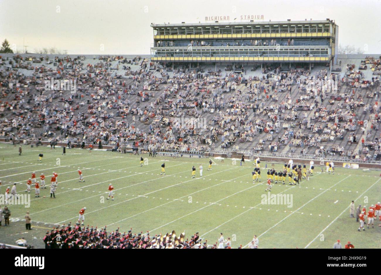 Pre-game warm ups at a Ohio State vs. Michigan college football game at Michigan Stadium ca. late 50s, possibly 1959 Stock Photo