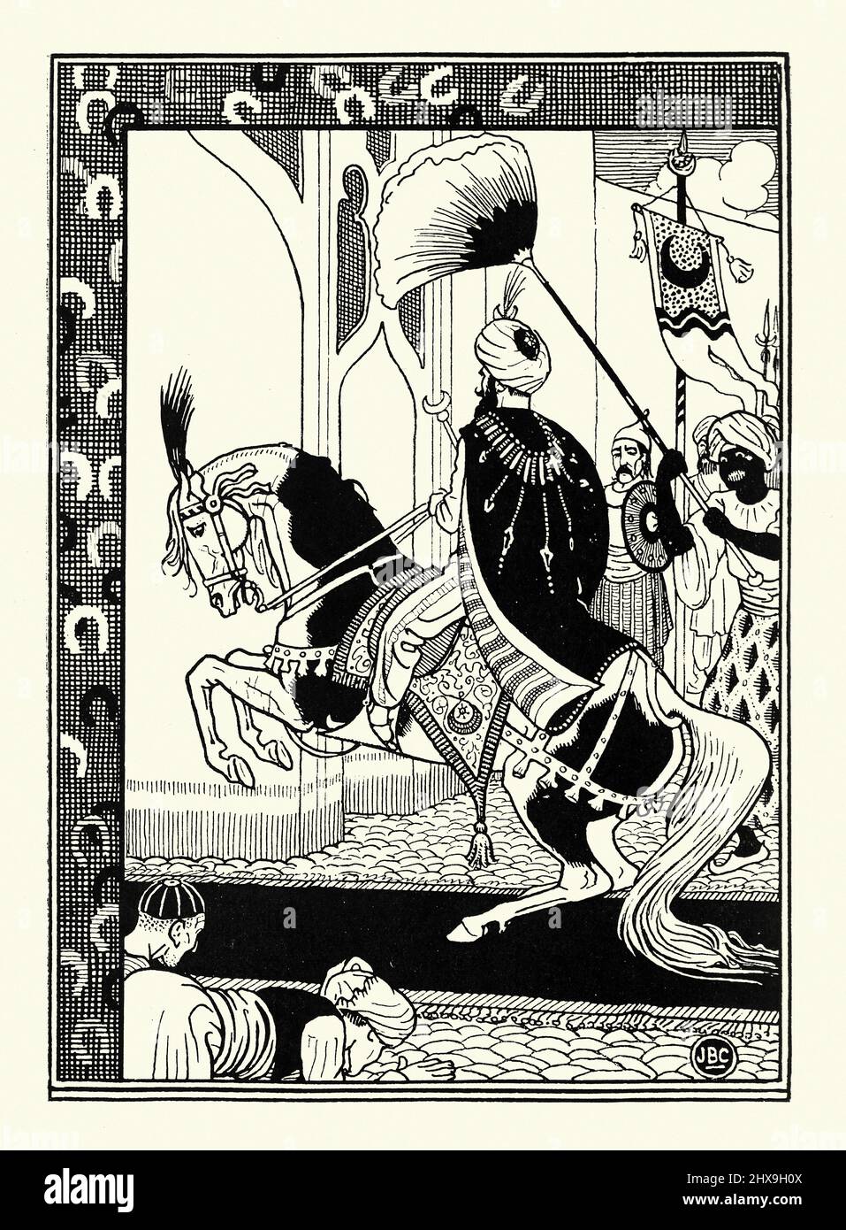 Vintage illustration from Fourth voyage of Sinbad the Sailor, the King's horse. Joseph Benwell Clark Stock Photo