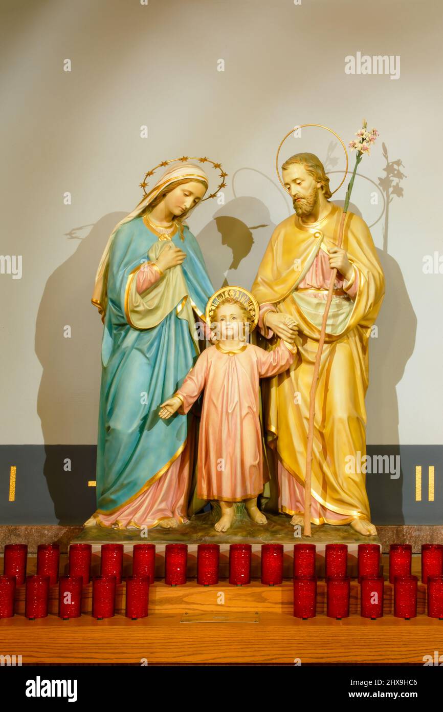 Mary, Joseph, and young Jesus statue. St Mary Catholic Church. Interior. Dayton, Ohio, USA. Stock Photo