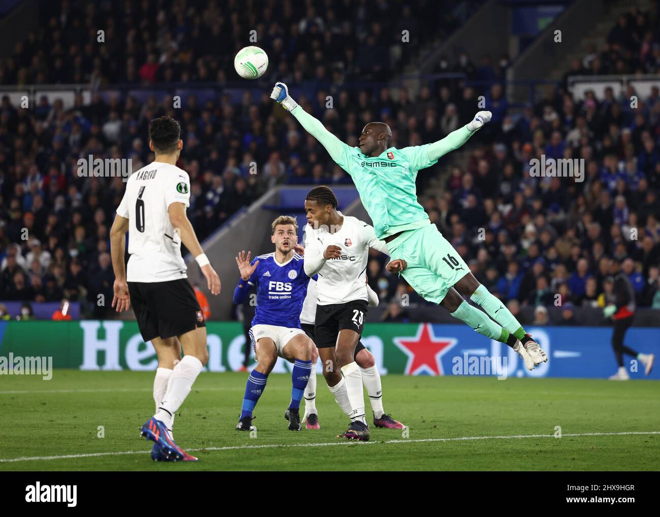 Leicester, UK. 10th March 2022.   Alfred Gomis of Rennes punches clear during the UEFA Europa Conference League match at the King Power Stadium, Leicester. Picture credit should read: Darren Staples / Sportimage Credit: Sportimage/Alamy Live News Stock Photo