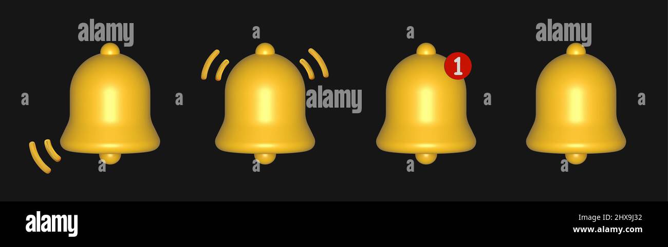 3d notification bells front view set isolated on black background. 3d render. Stock Vector