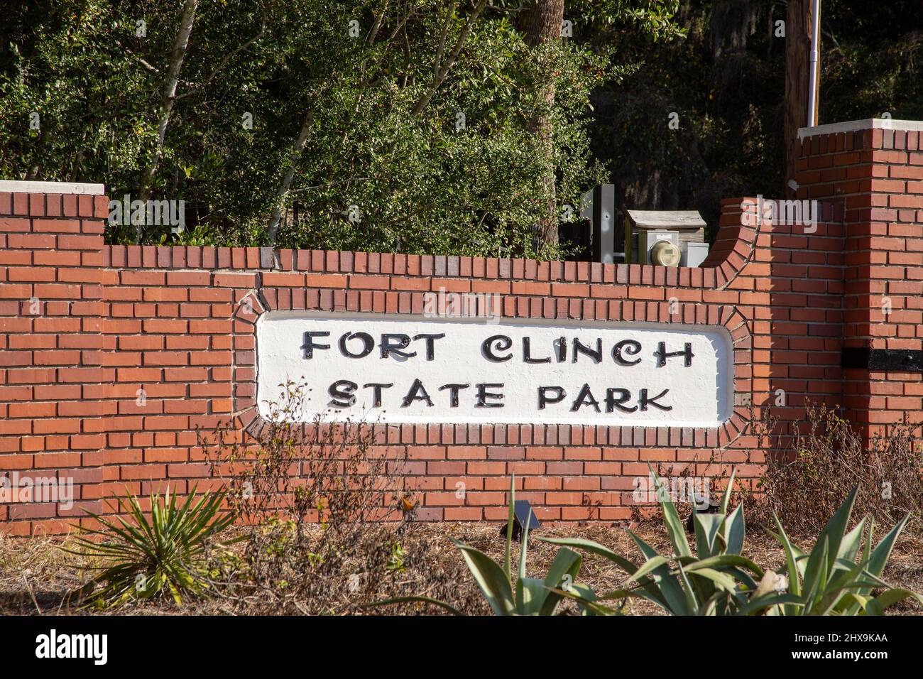 Entrance sign outside historic Fort Clinch State Park in Amelia Island, Florida. Stock Photo