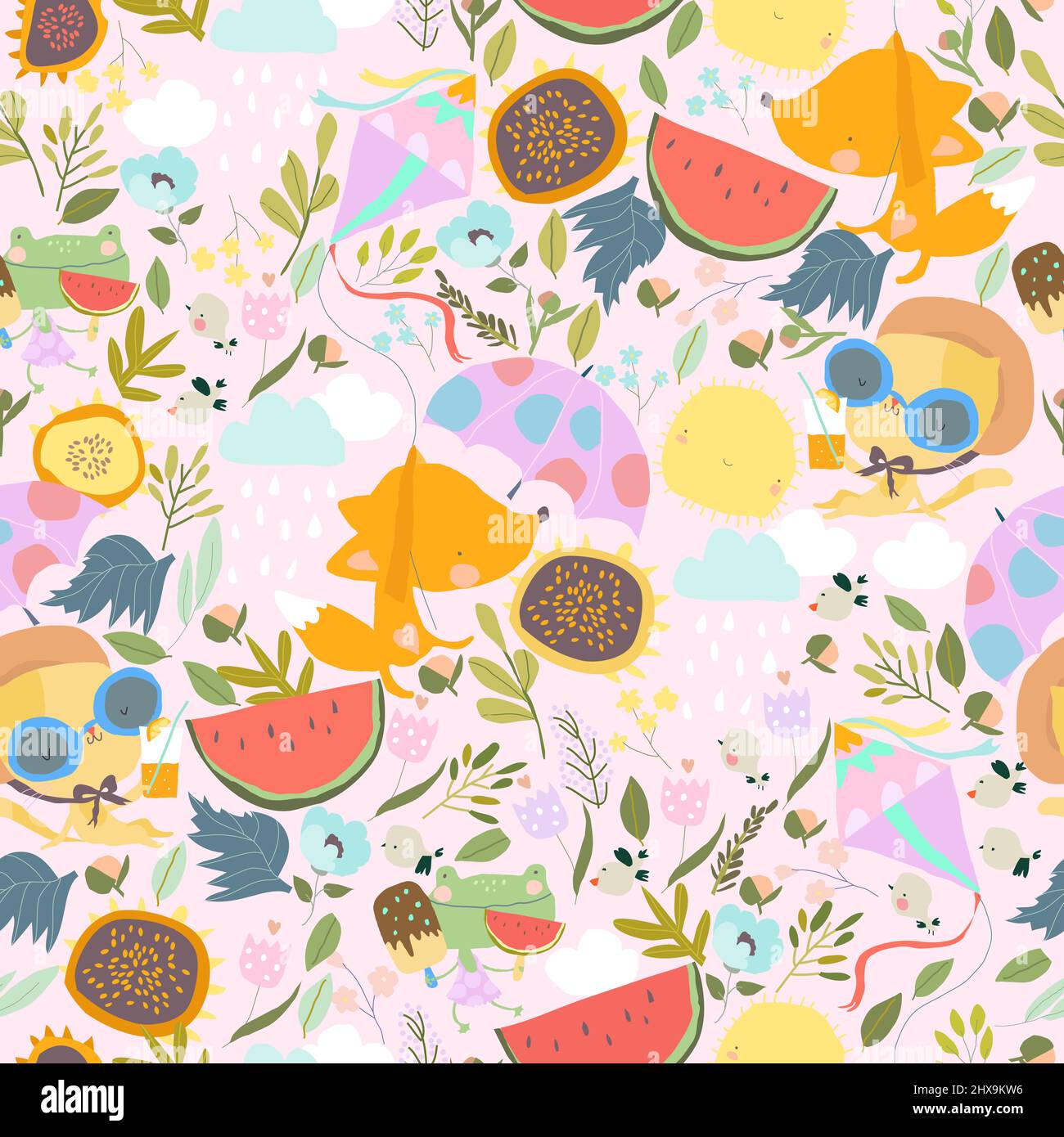 Seamless Pattern with Cute Cartoon Animals meeting Summer Stock Vector