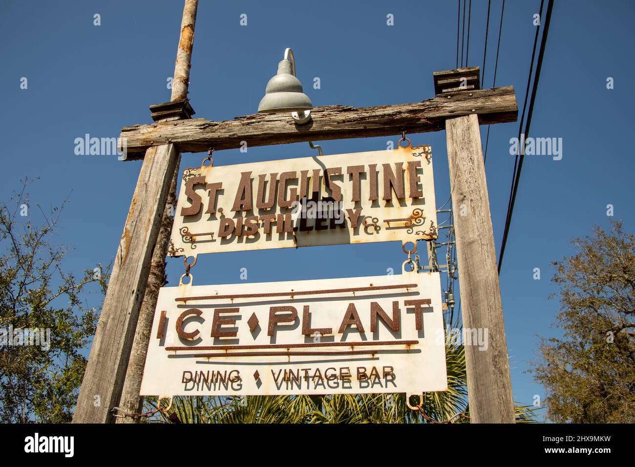 St Augustine Florida Usa February 26 22 Sign With With St Augustine Distillery And Ice Plant Restaurant Stock Photo Alamy