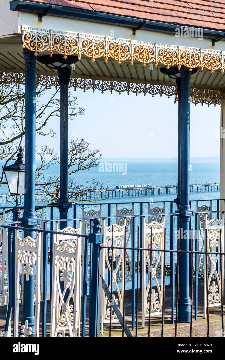Southend Cliff Lift and Pier. Cliff top station building ornate ironwork overlooking the Thames Estuary, Southend on Sea, Essex, UK. Pier train Stock Photo