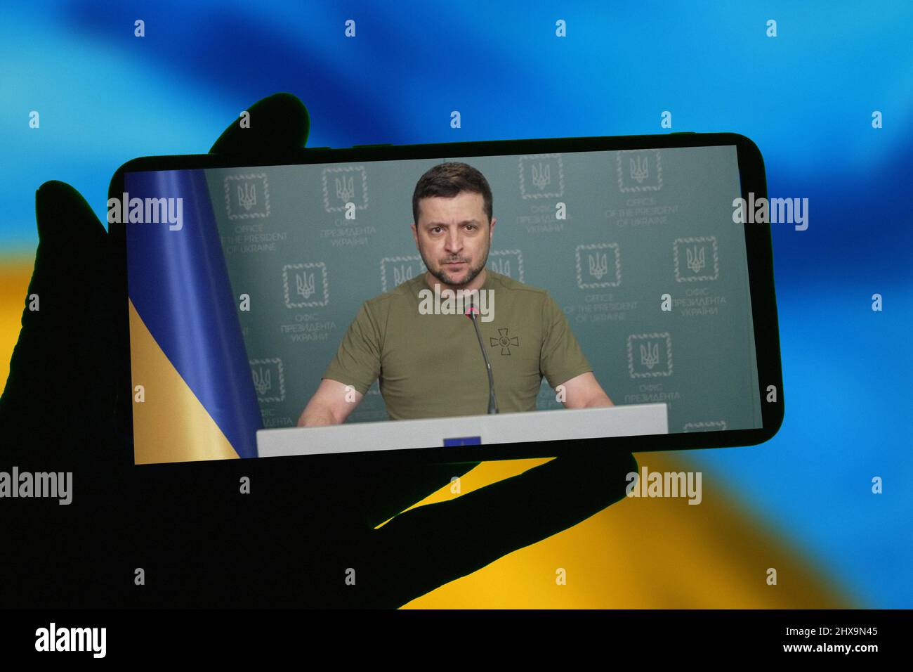 Kyiv, Ukraine. 09th Mar, 2022. President of Ukraine Volodymyr Zelensky speaks in connection with the shelling of the territory of Ukraine by Russia, after the start of the Russian military invasion. Credit: SOPA Images Limited/Alamy Live News Stock Photo