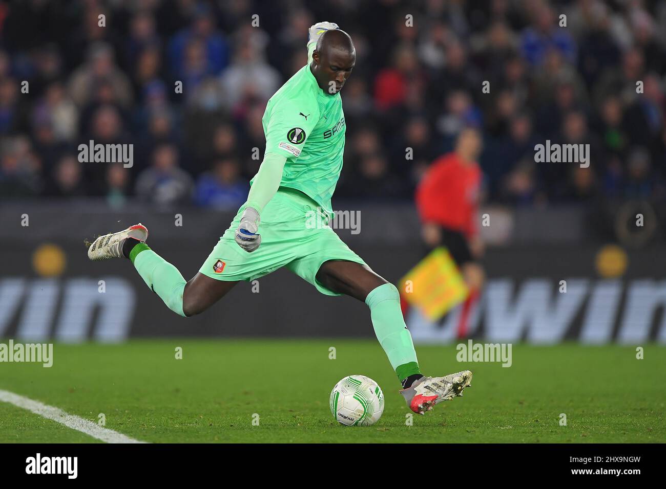 LEICESTER, UK. MAR 9TH Alfred Gomis of Rennes in action during the UEFA Europa Conference League Round of 16 match between Leicester City and Stade Rennais F.C. at the King Power Stadium, Leicester on Thursday 10th March 2022. (Credit: Jon Hobley | MI News ) Credit: MI News & Sport /Alamy Live News Stock Photo