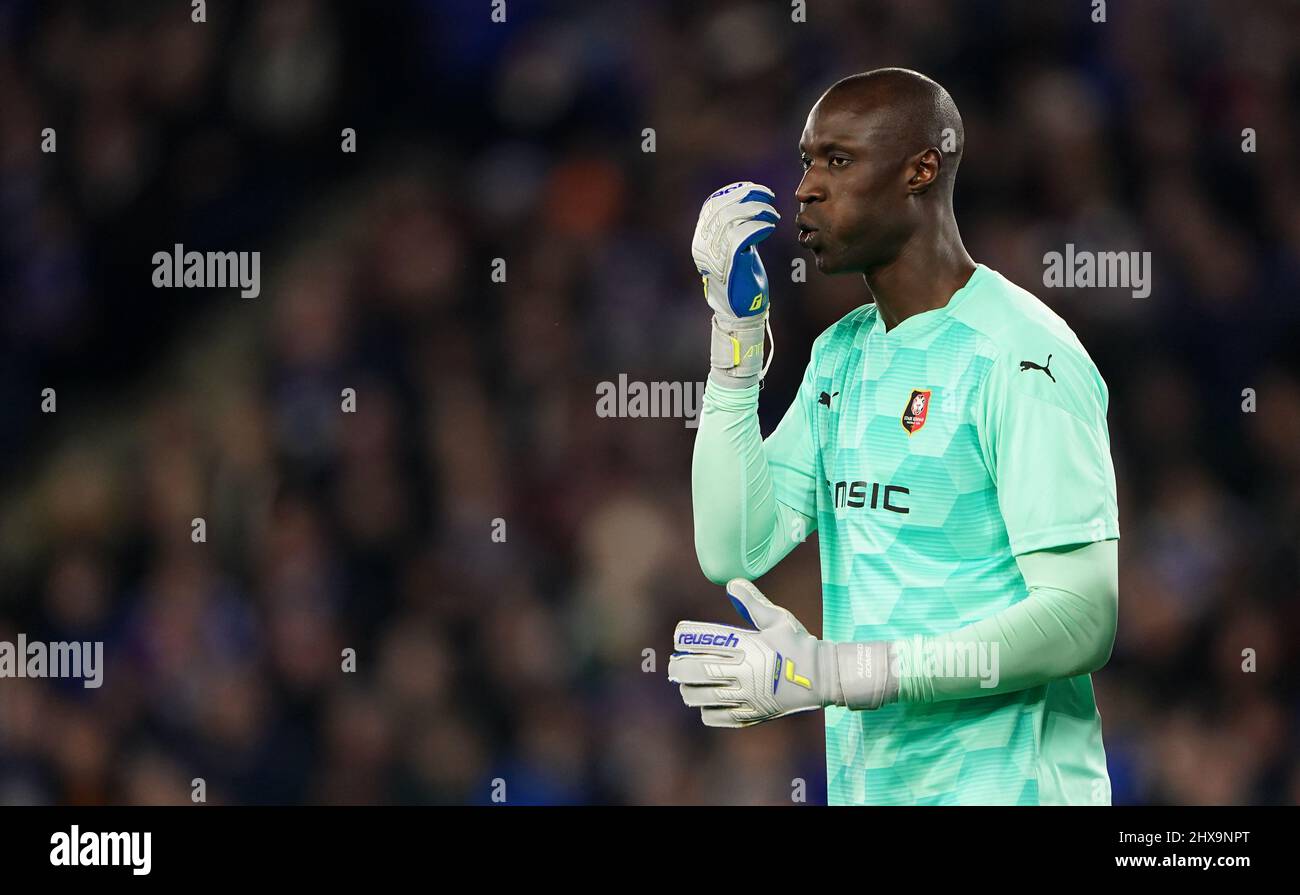 Rennes goalkeeper Alfred Gomis during the UEFA Europa Conference League round of sixteen first leg match at the King Power Stadium, Leicester. Picture date: Thursday March 10, 2022. Stock Photo