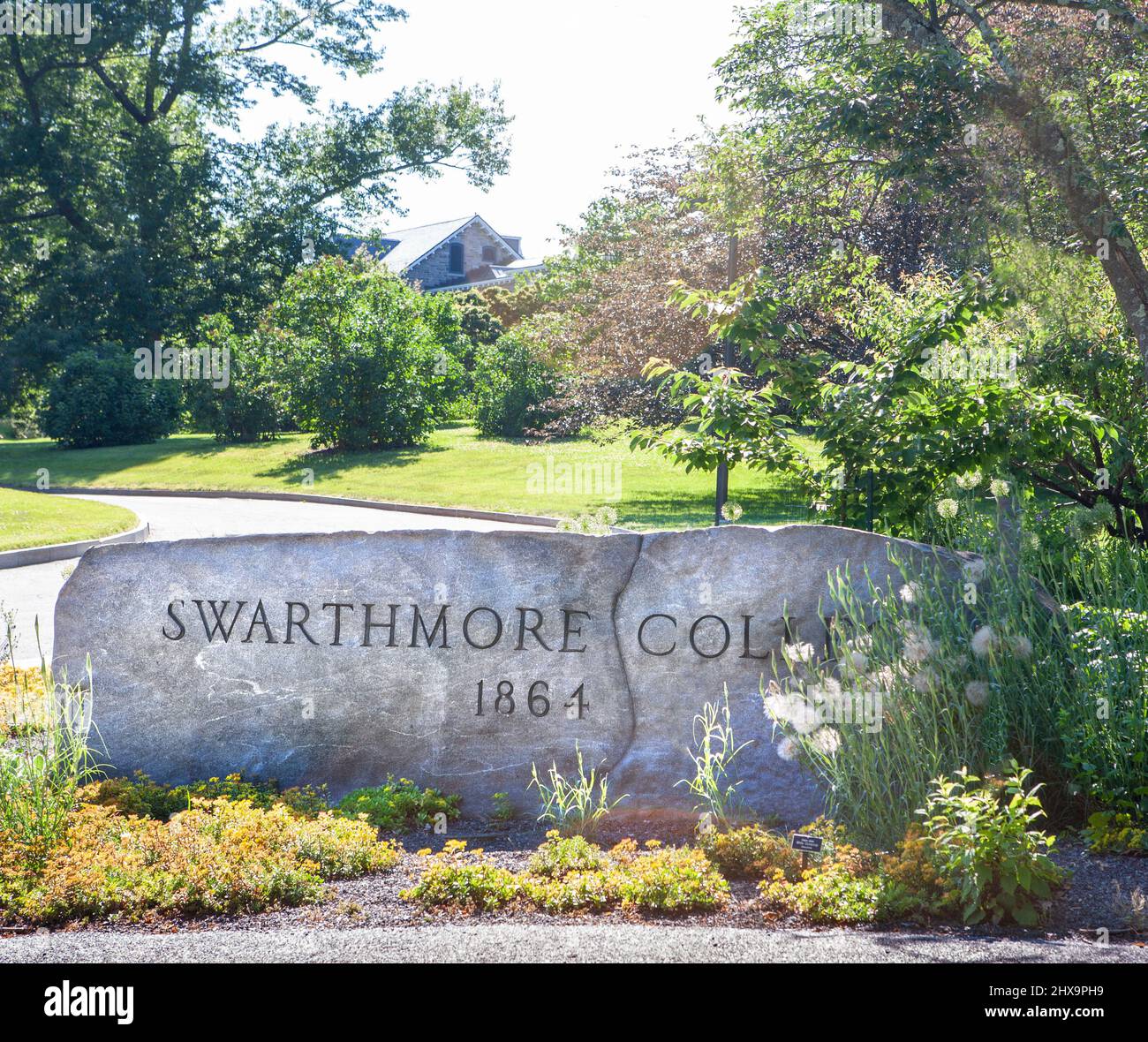 Stone Sign, Swarthmore College, Swarthmore, Pennsylvania, USA Stock Photo